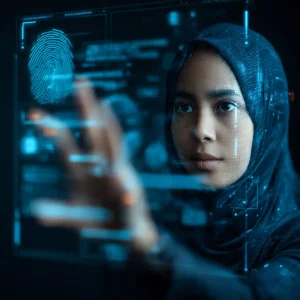 Ilustrasi teknologi video AI dalam presentasi data keuangan dan layanan perbankan digital.